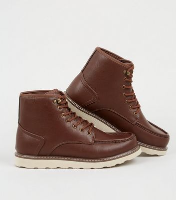 Image of Dark Brown Leather-Look Lace Up Hiker Boots New Look