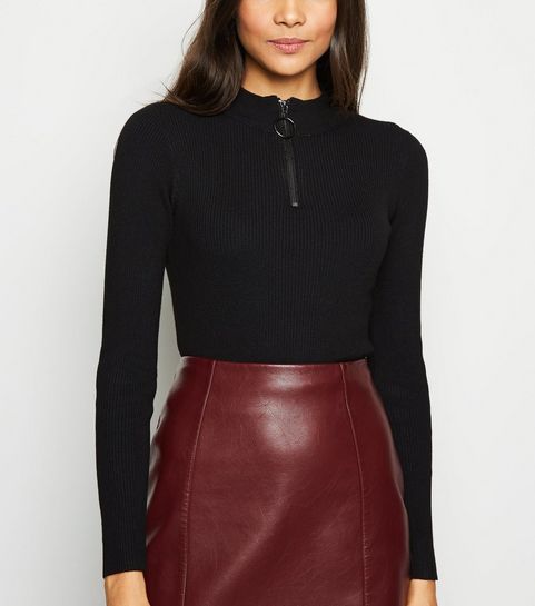 Black Ribbed Zip Front Jumper