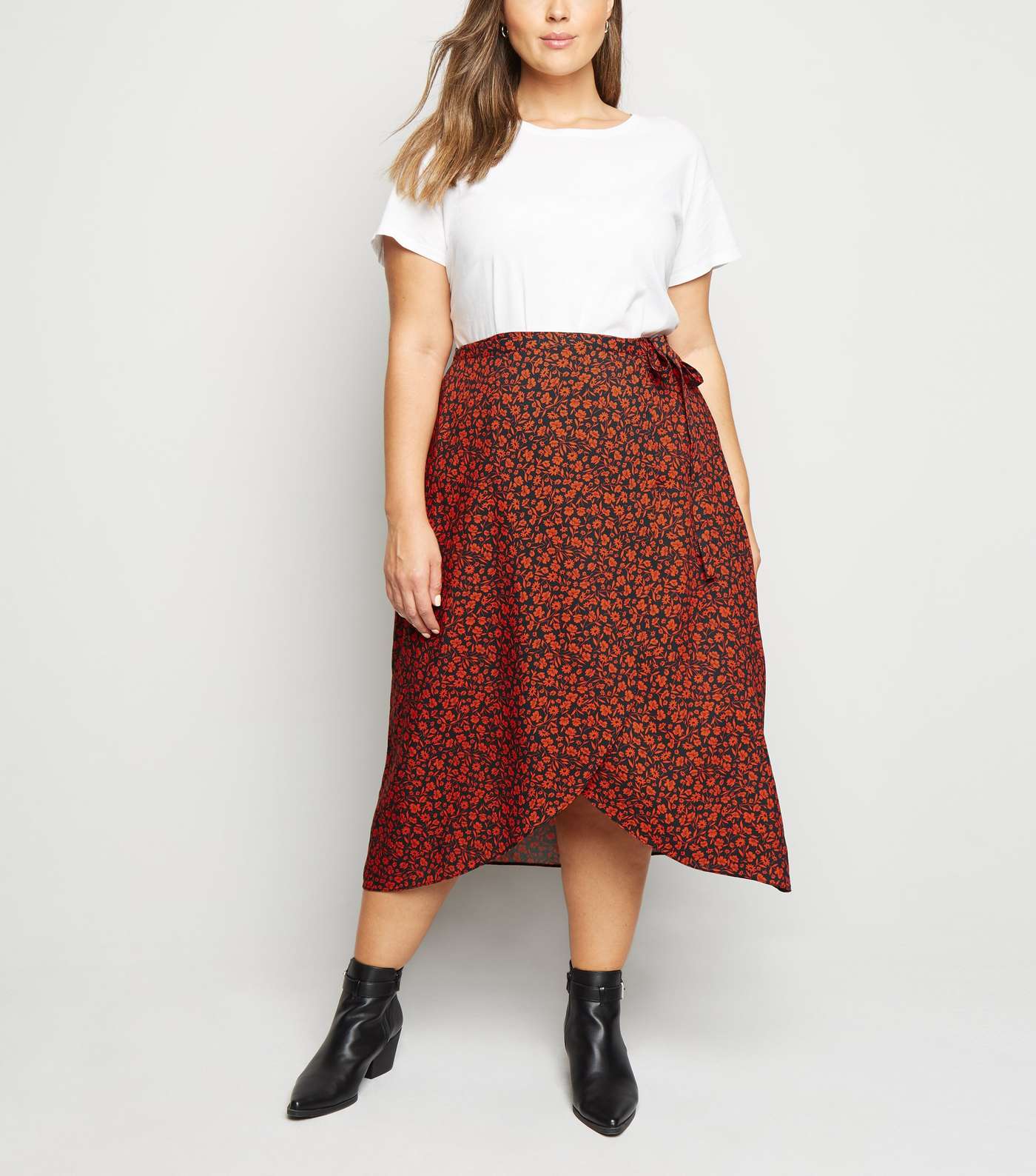 Curves Red Floral Wrap Midi Skirt