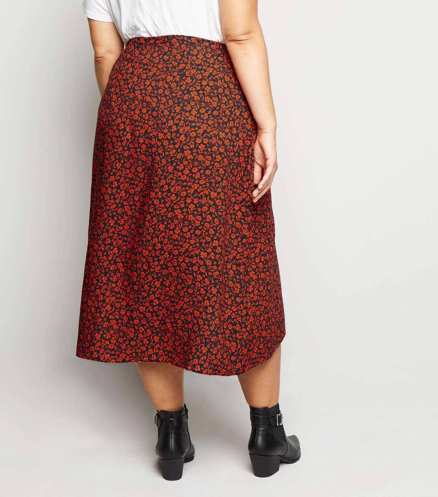 Curves Red Floral Wrap Midi Skirt Image 3