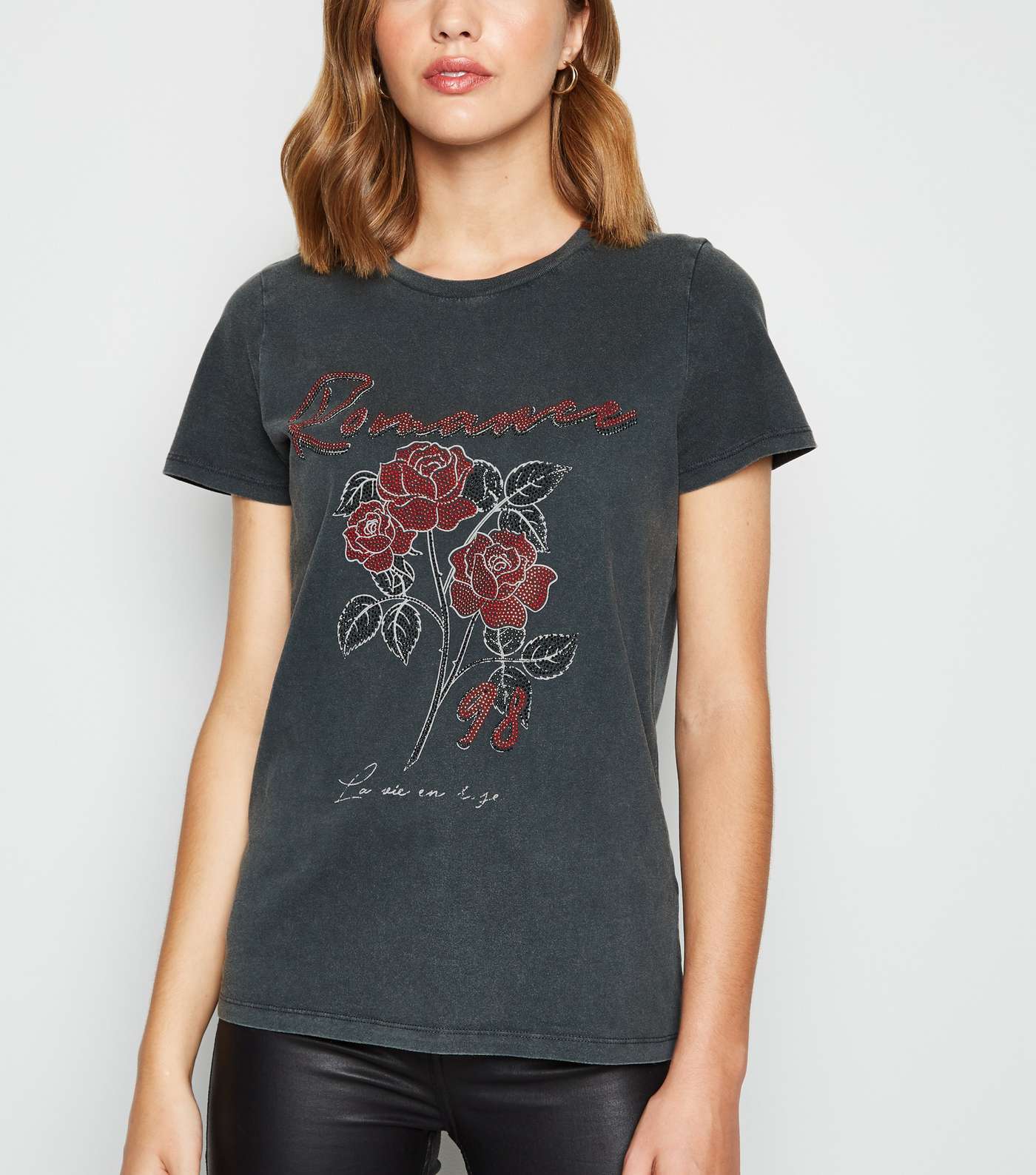 Dark Grey Diamanté Rose Romance Slogan T-Shirt 