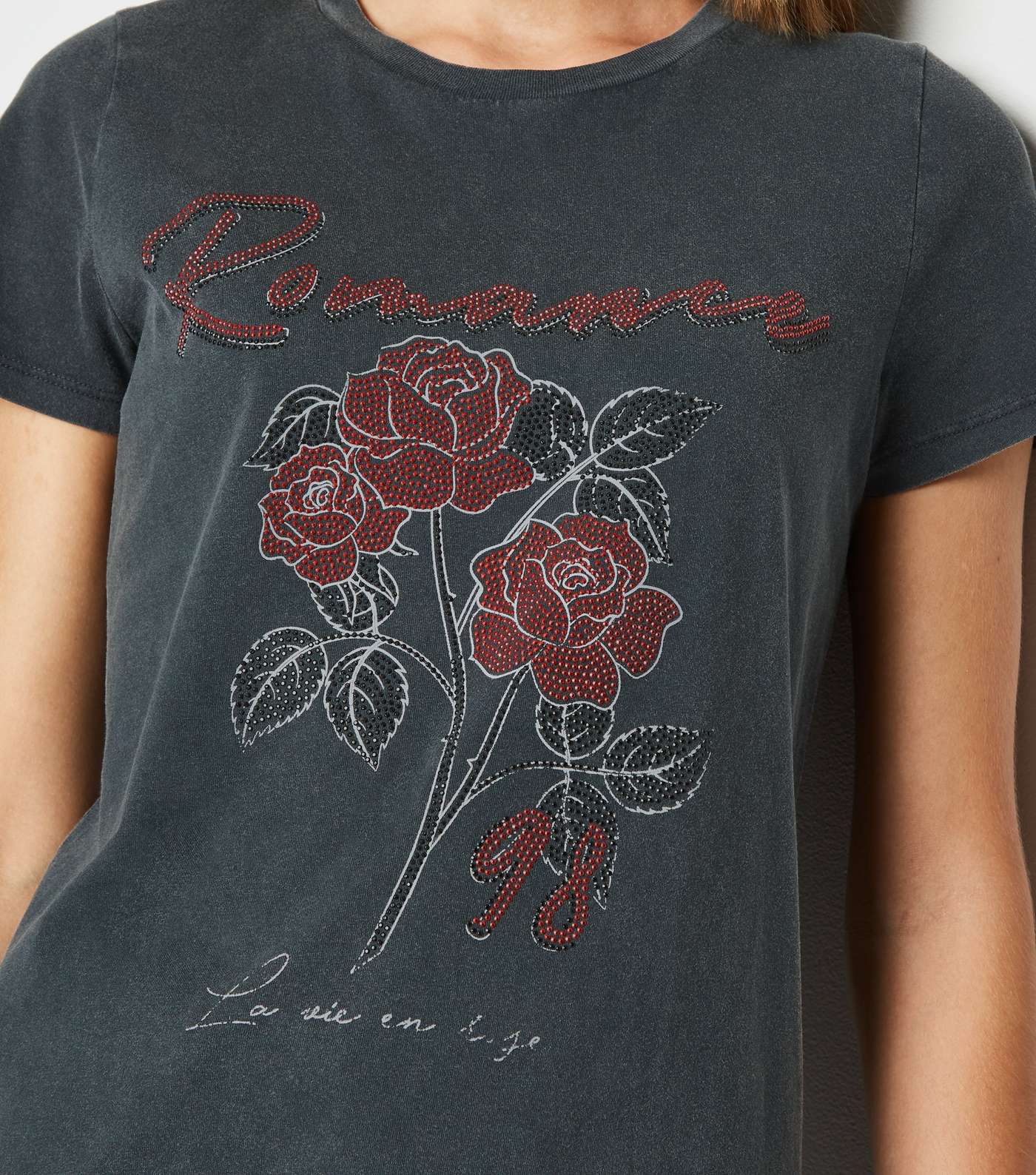 Dark Grey Diamanté Rose Romance Slogan T-Shirt  Image 5