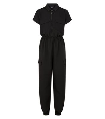 Girls Black Ring Zip Front Boilersuit New Look