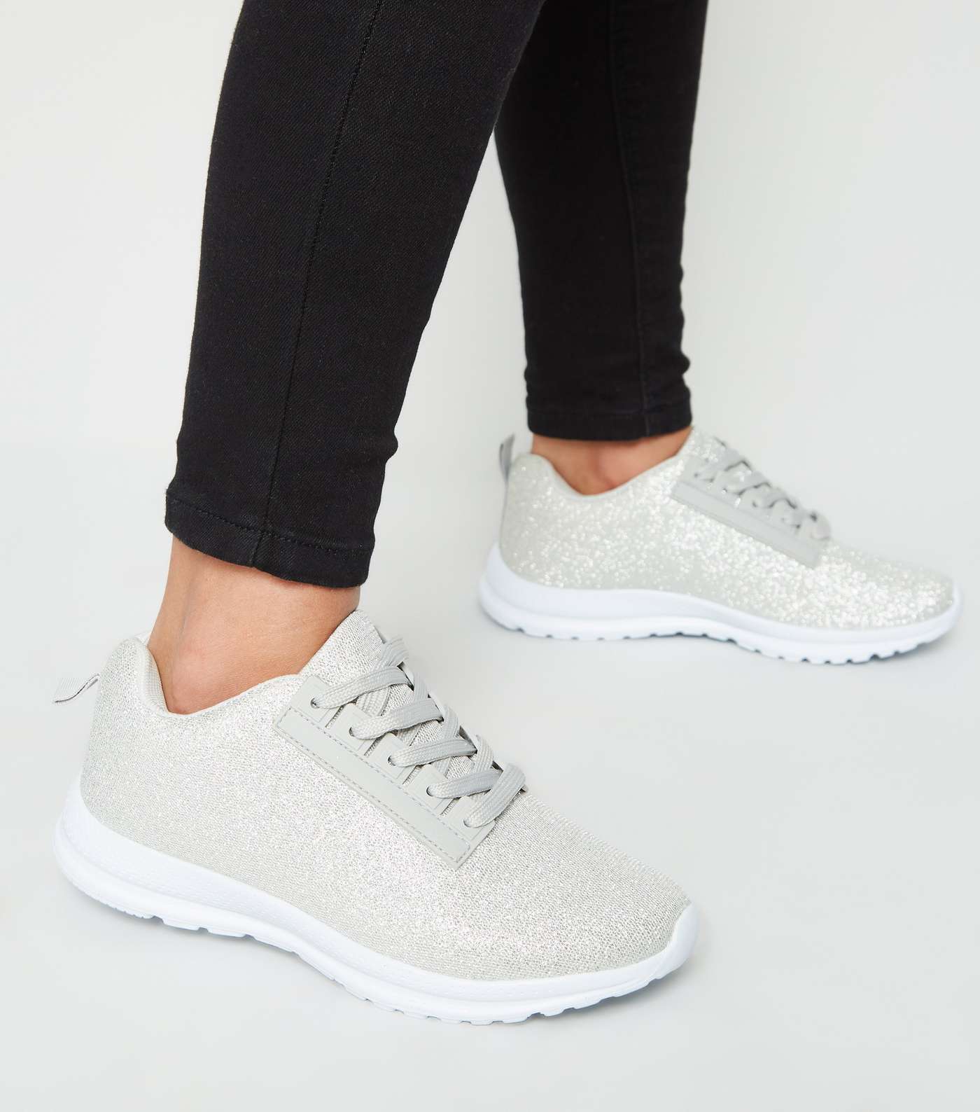 Girls Silver Glitter Lace Up Trainers Image 2