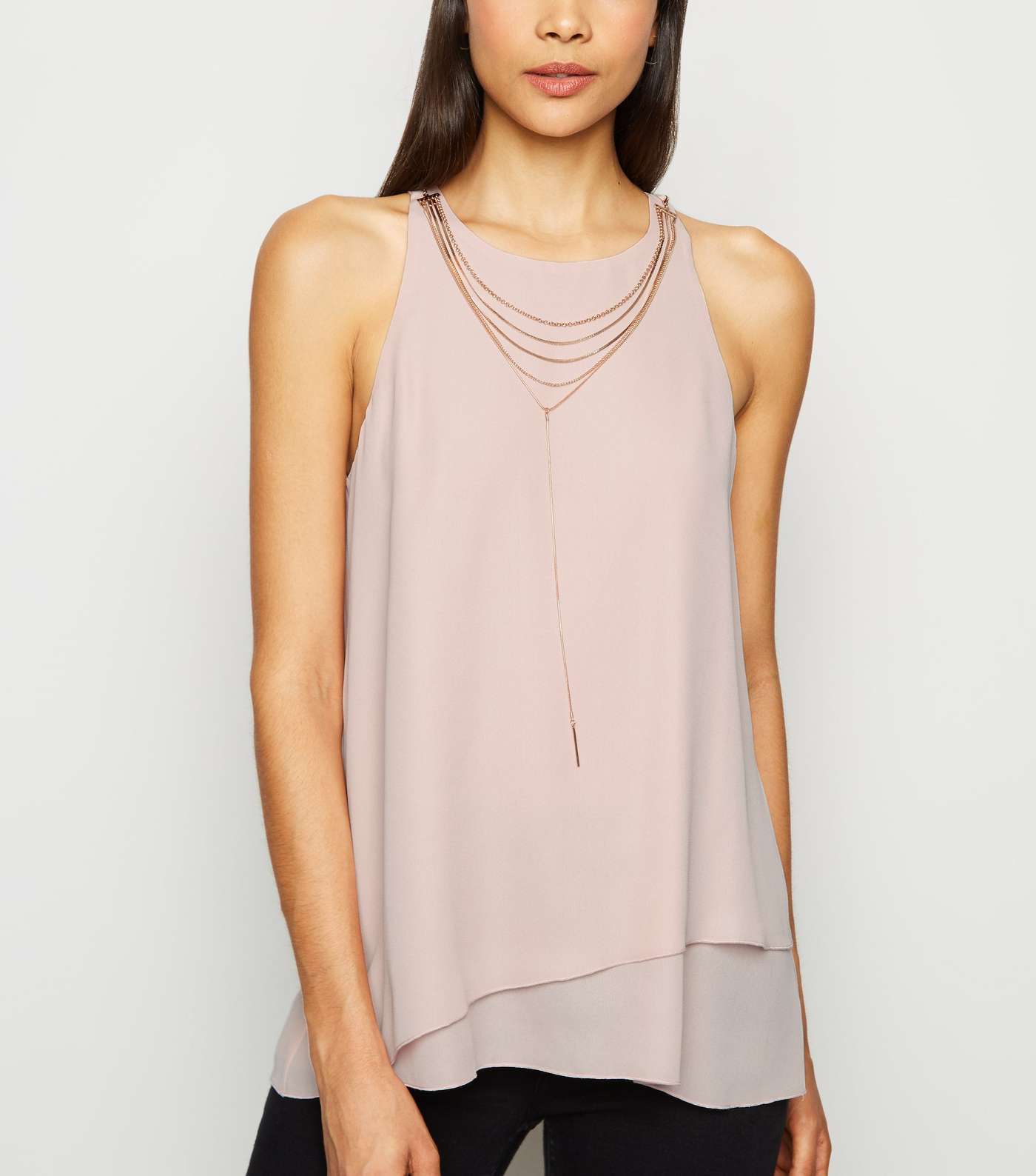 Pale Pink Double Layer Necklace Blouse