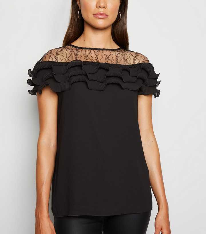 Black Lace Panel Pleated Ruffle Blouse