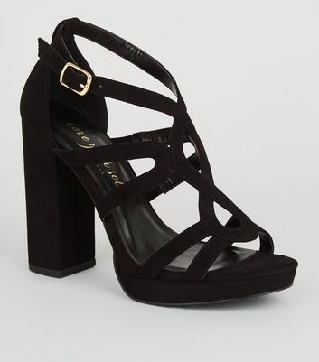 black suedette strappy platform block heels
