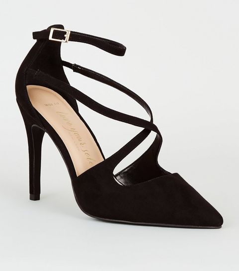 Wide Fit Black Suedette Strappy Court Shoes 