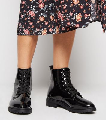 Wide Fit Black Patent Lace Up Boots 