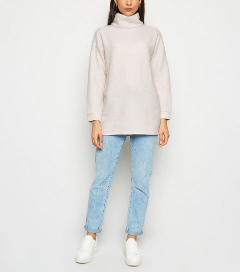 Pale Pink Ribbed Brushed Cowl Neck Jumper