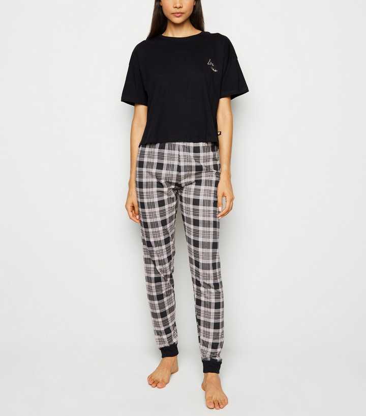 Black Check Love Slogan Pyjama Set