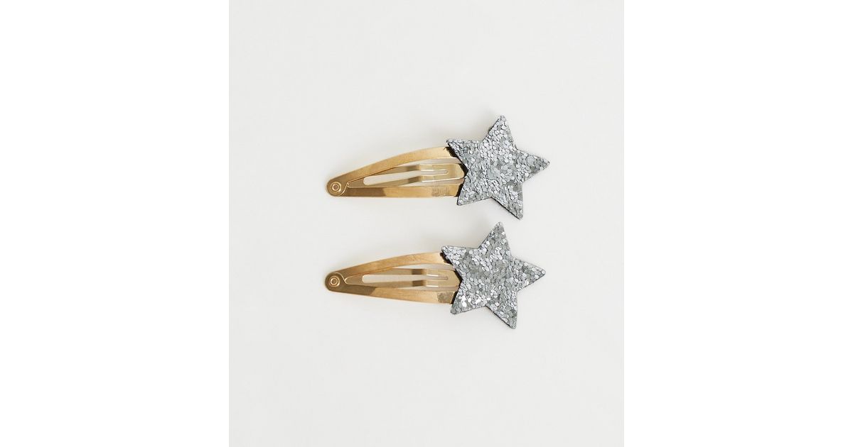 2 Pack Silver Glitter Star Hair Clips New Look