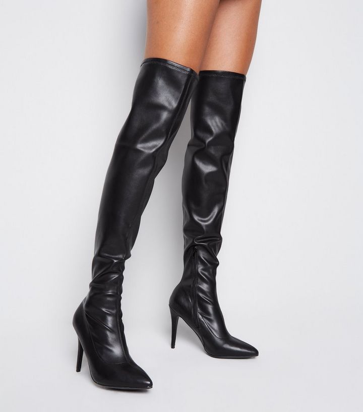 Schwarze Overknee Stiefel In Leder Optik Mit Stiletto Absatz New Look