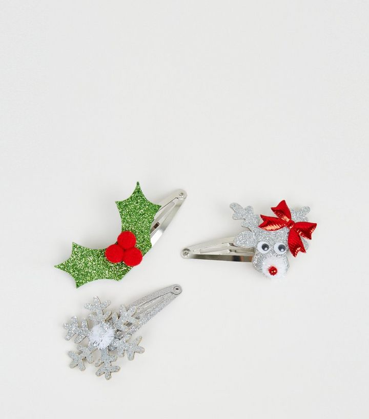 3 Pack Multicoloured Christmas Hair Clips New Look