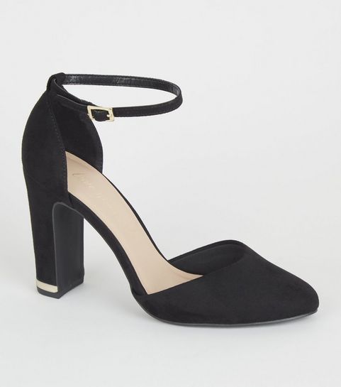 Black Suedette Metal Trim Block Heels