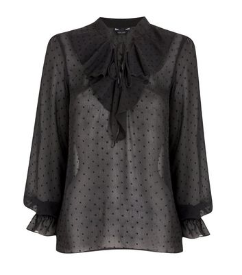 Black Chiffon Spot Tie Neck Frill 