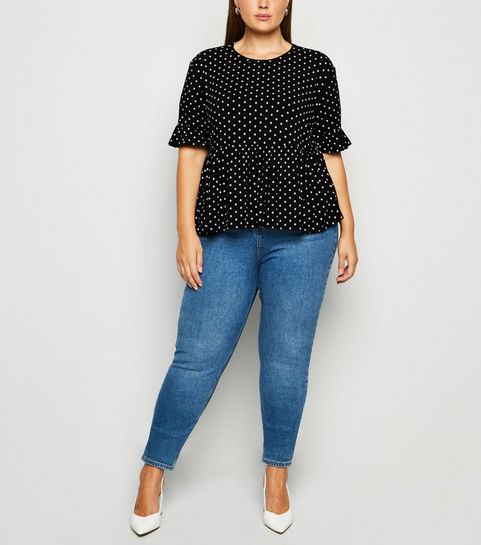 Curves - T-shirt noir à pois et à basque