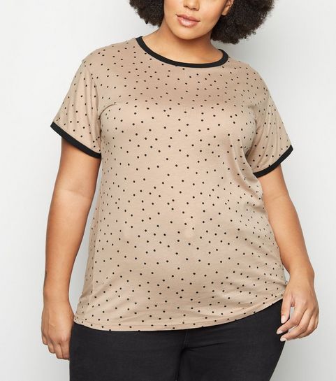 Curves - T-shirt marron à pois et à bords contrastants