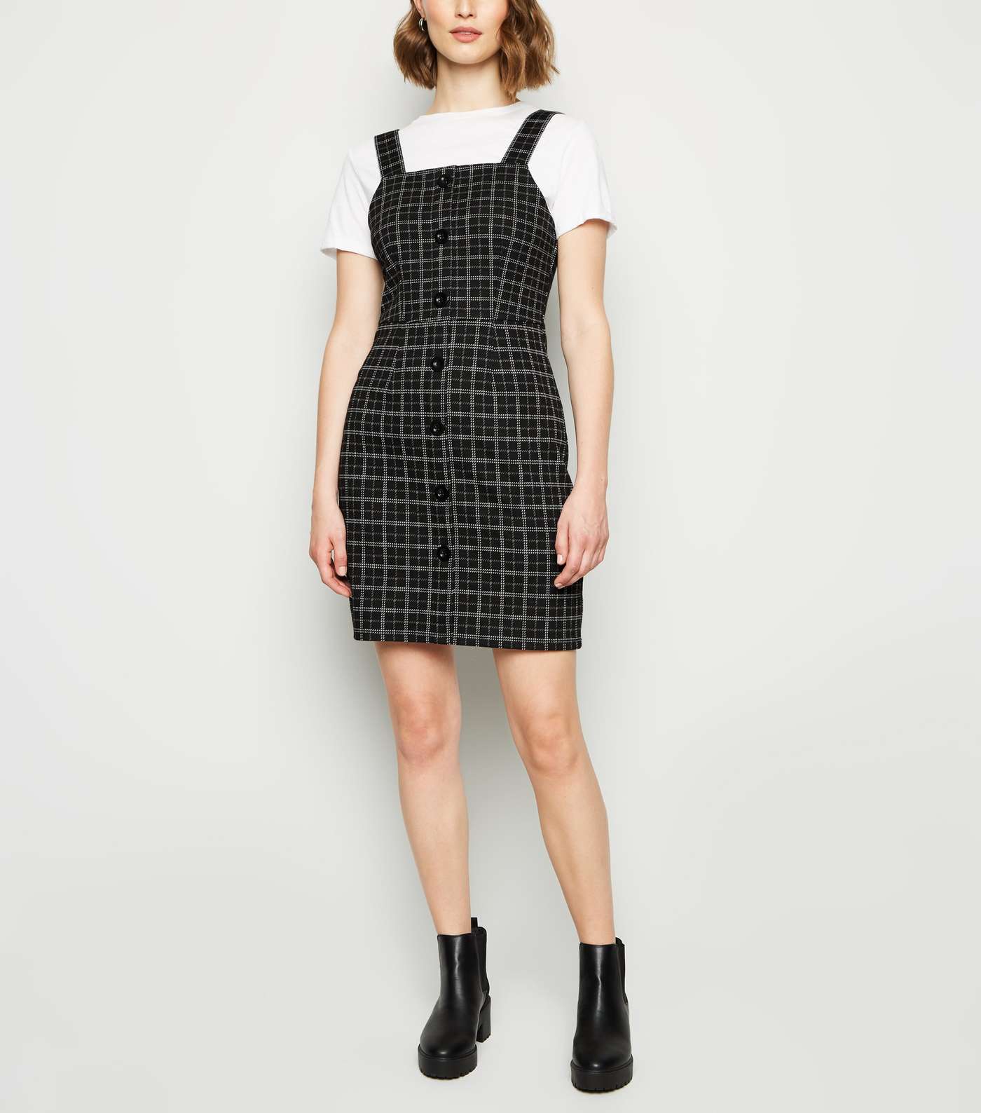 Black Check Button Front Pinafore Dress