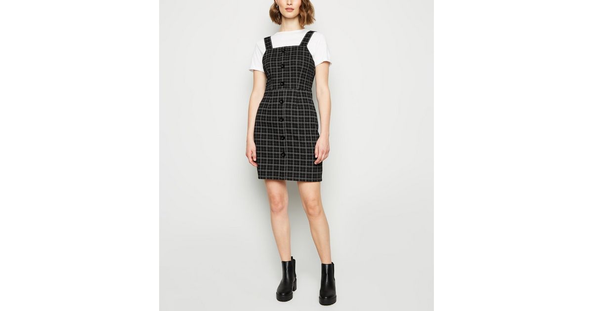 Black Check Button Front Pinafore Dress | New Look