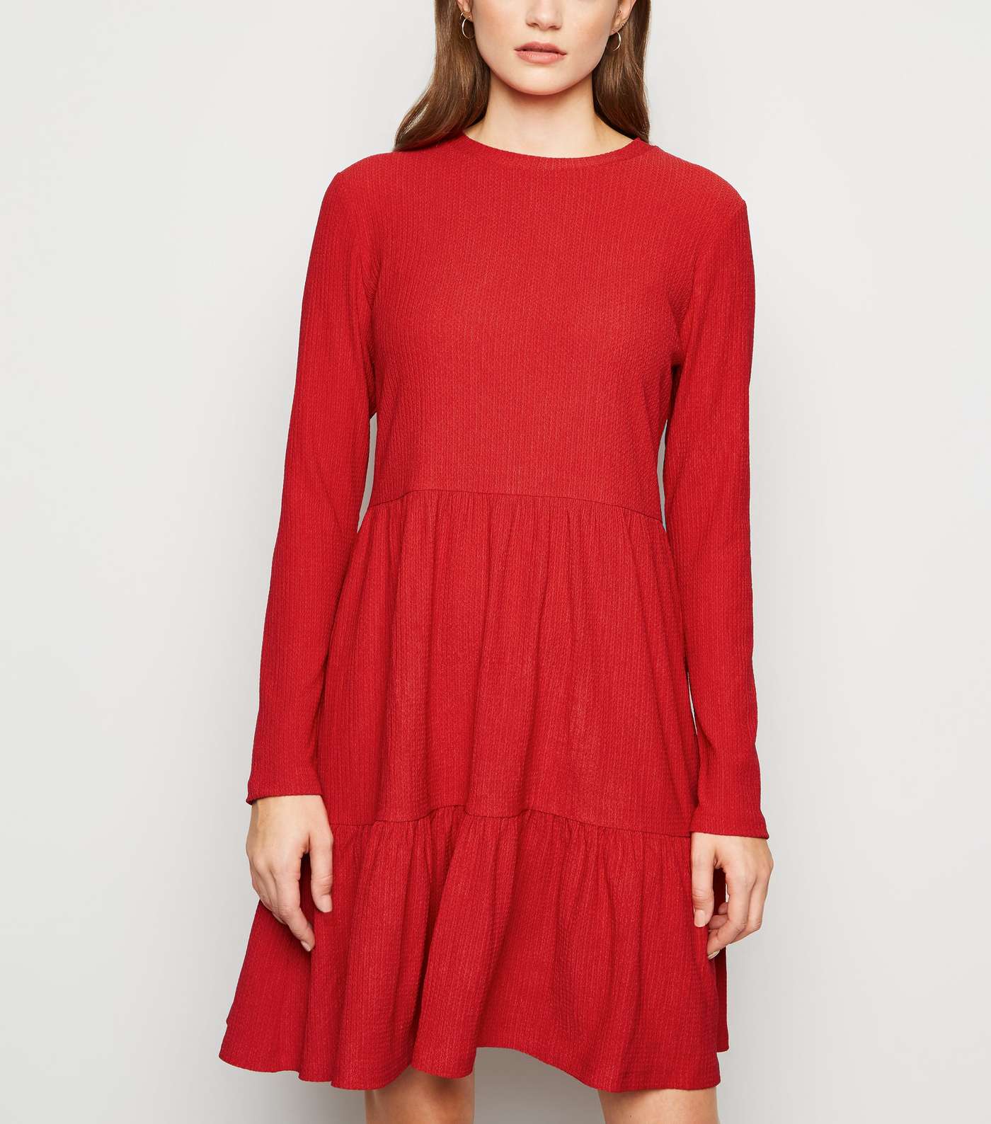 Red Long Sleeve Tiered Smock Dress