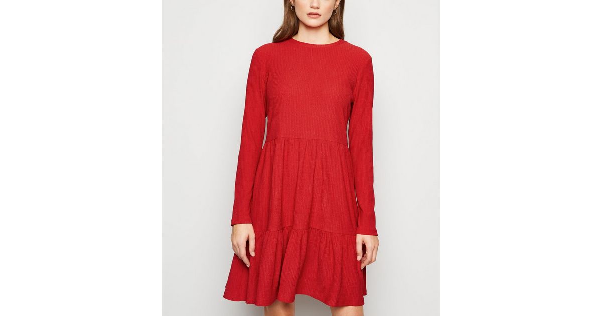 Red Long Sleeve Tiered Smock Dress | New Look