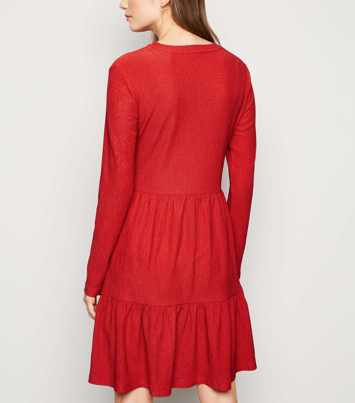 Red Long Sleeve Tiered Smock Dress Image 3