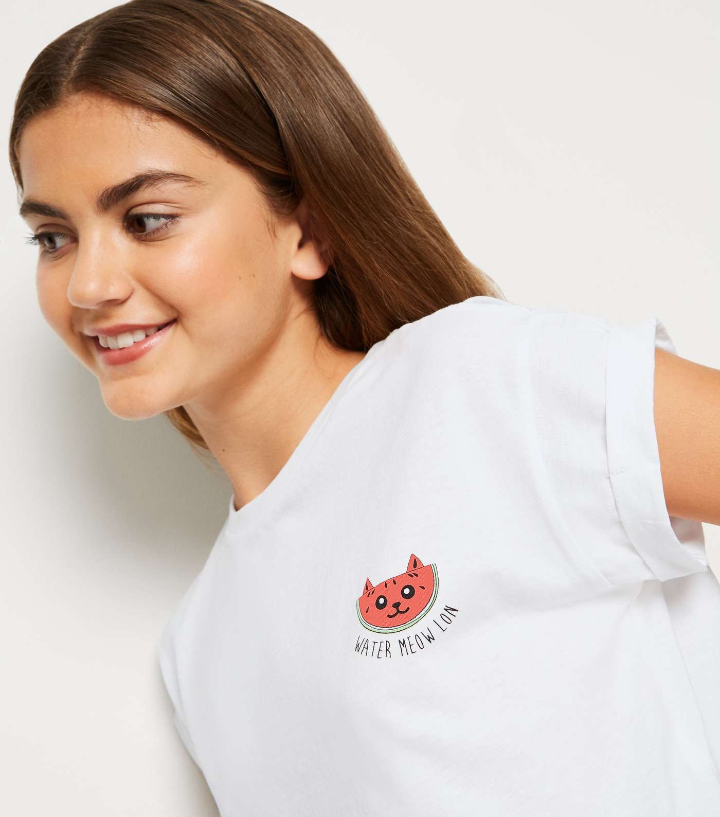 Girls White Watermelon Cat Slogan T-Shirt Image 2