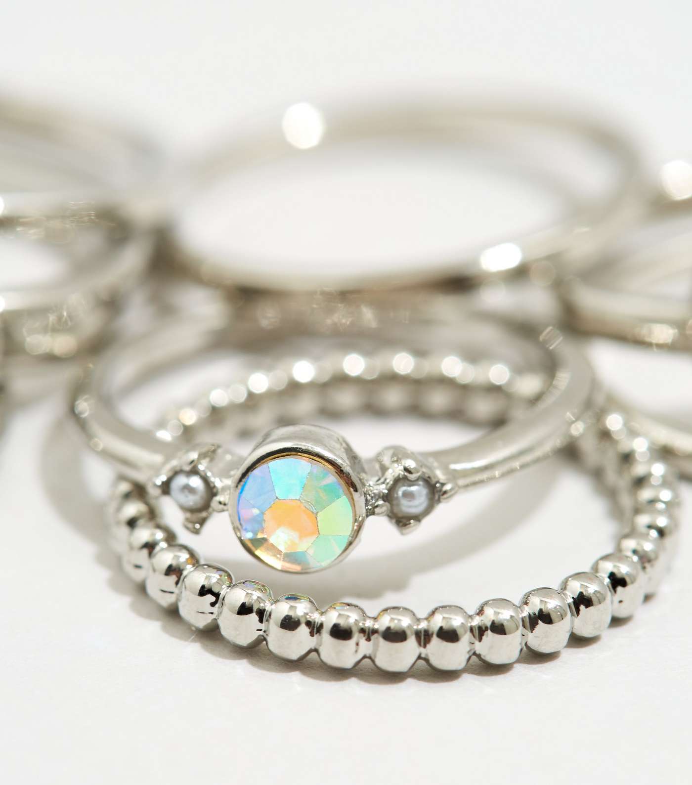 8 Pack Silver Diamanté Stacking Rings Image 2
