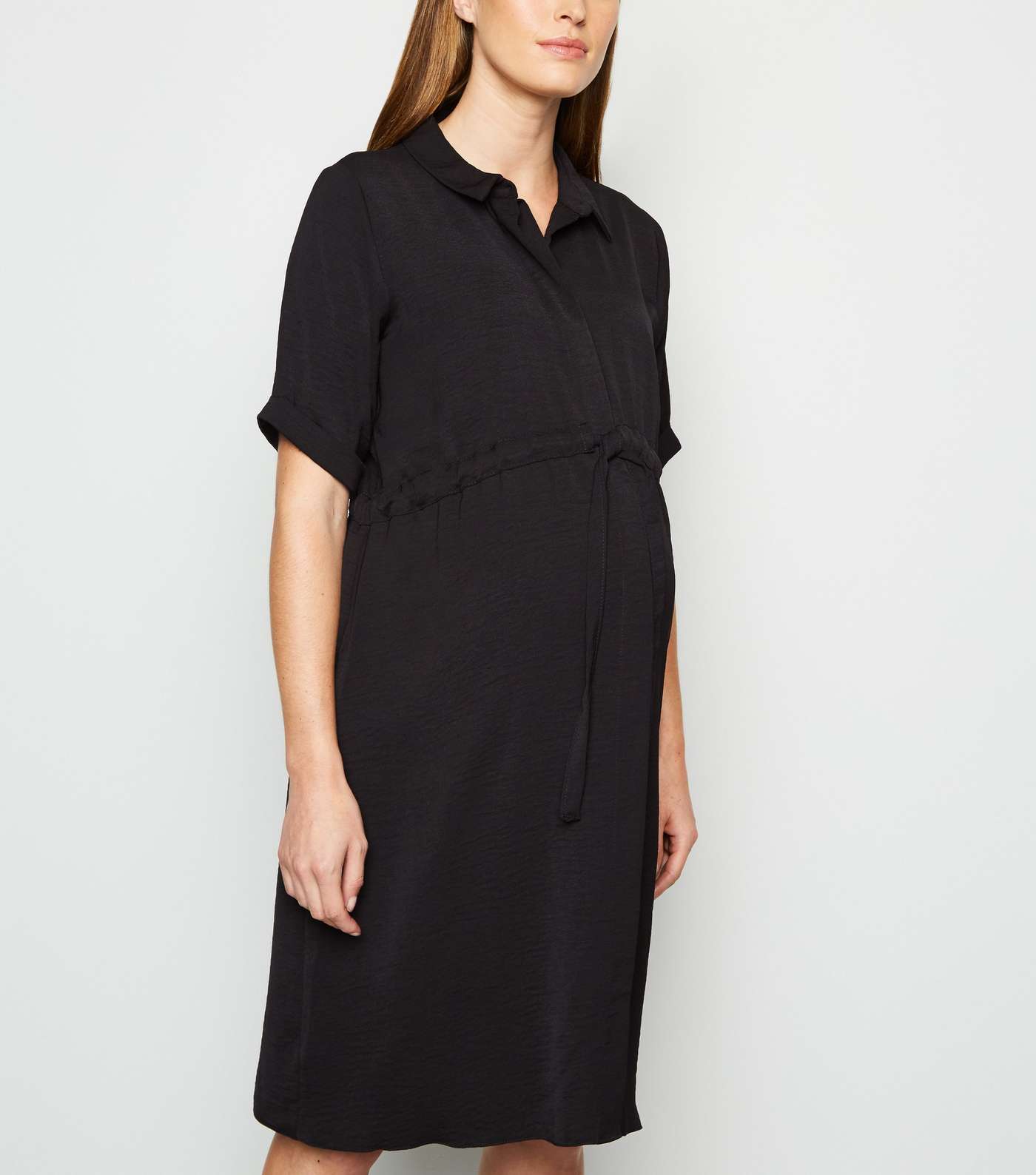 Maternity Black Drawstring Waist Shirt Dress