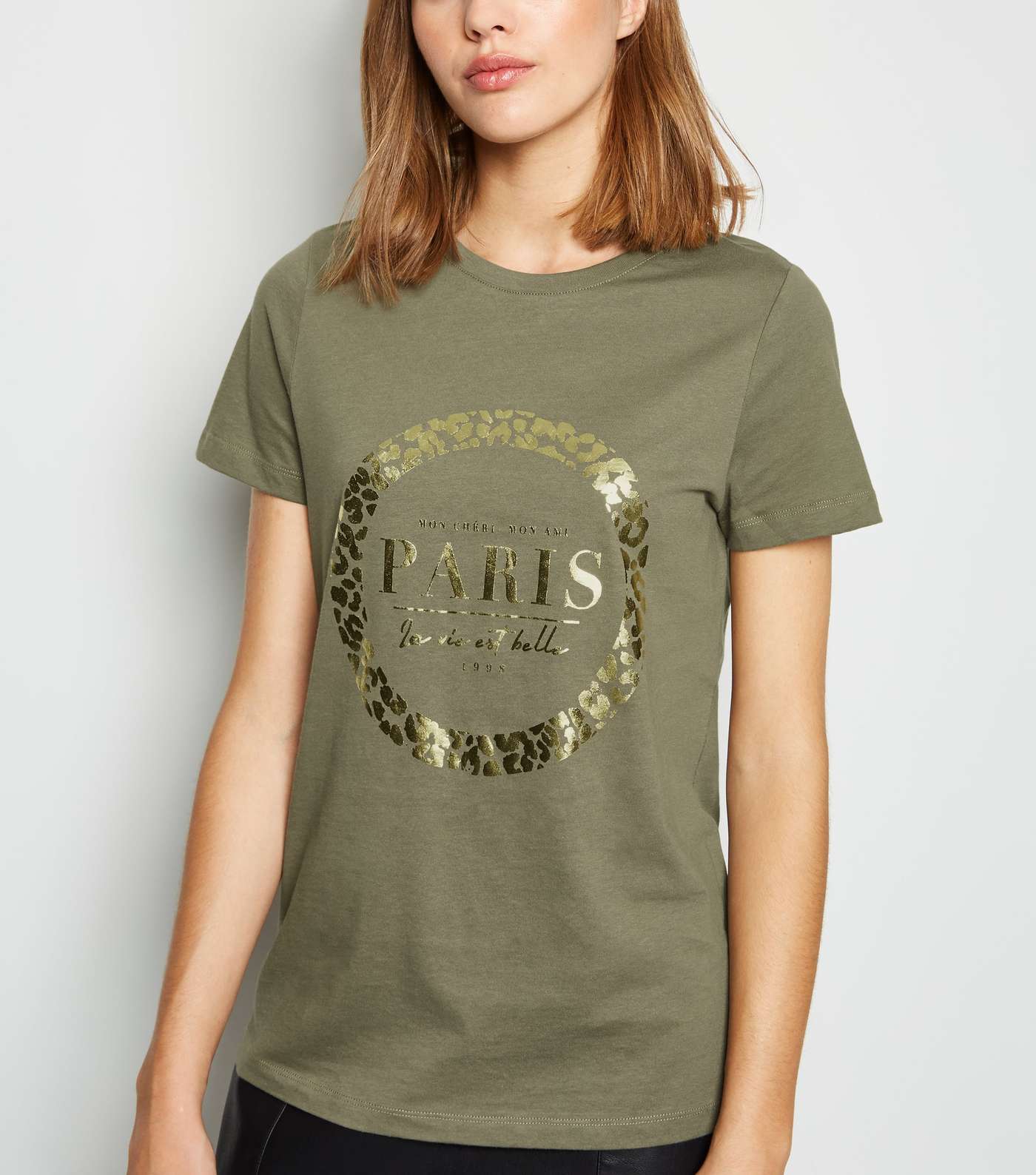 Khaki Paris Metallic Slogan T-Shirt