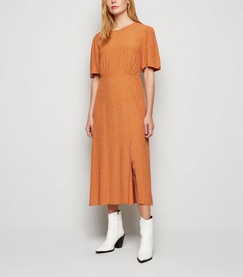 new look midi wrap dress in rust