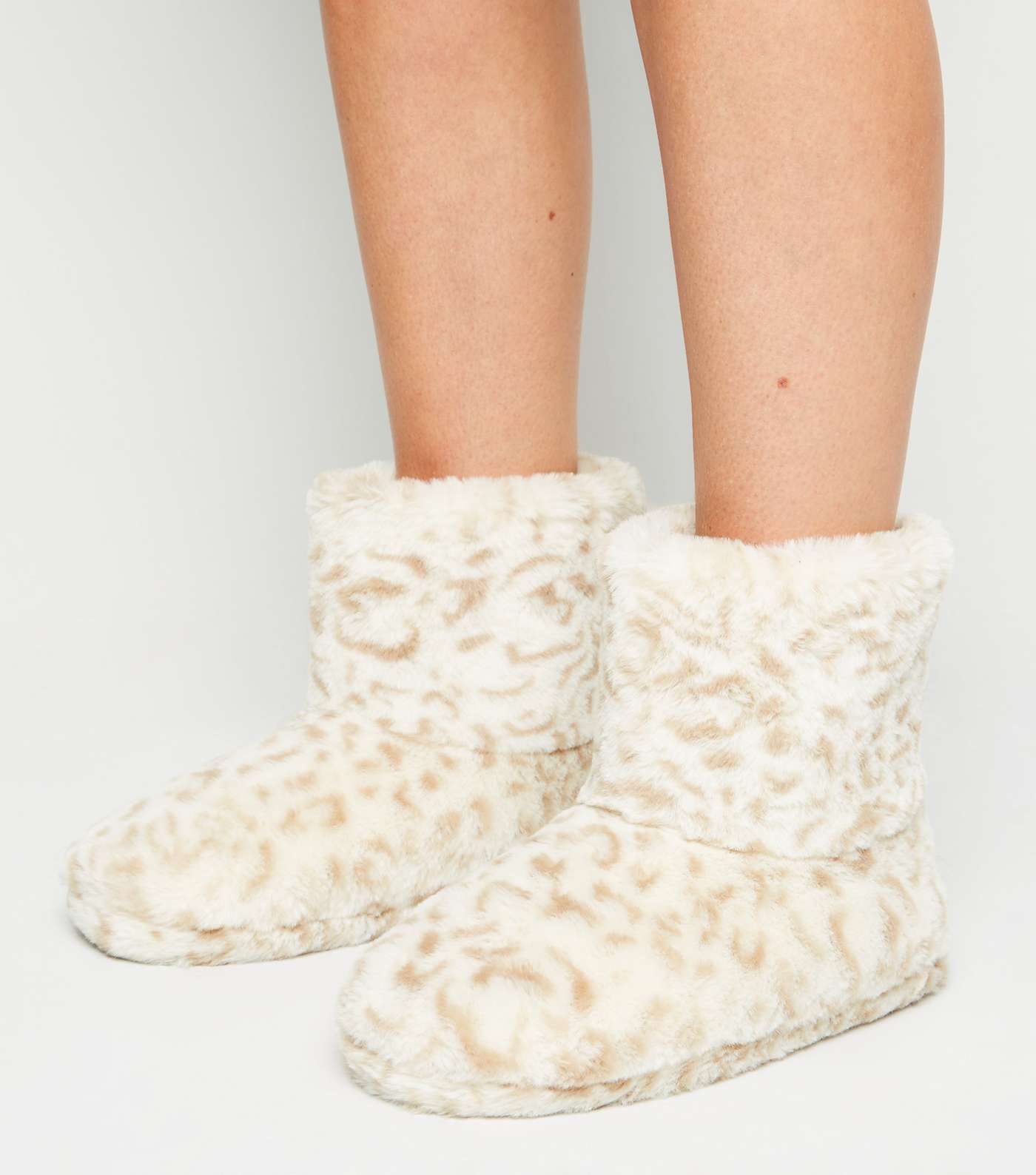 Stone Leopard Print Faux Fur Boot Slippers Image 2