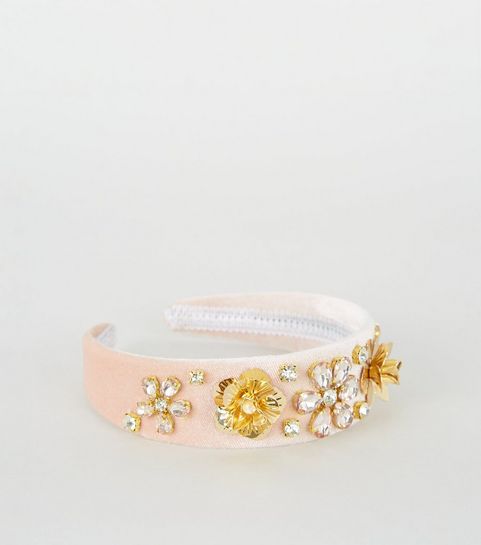 Pale Pink Flower Embroidered Alice Band