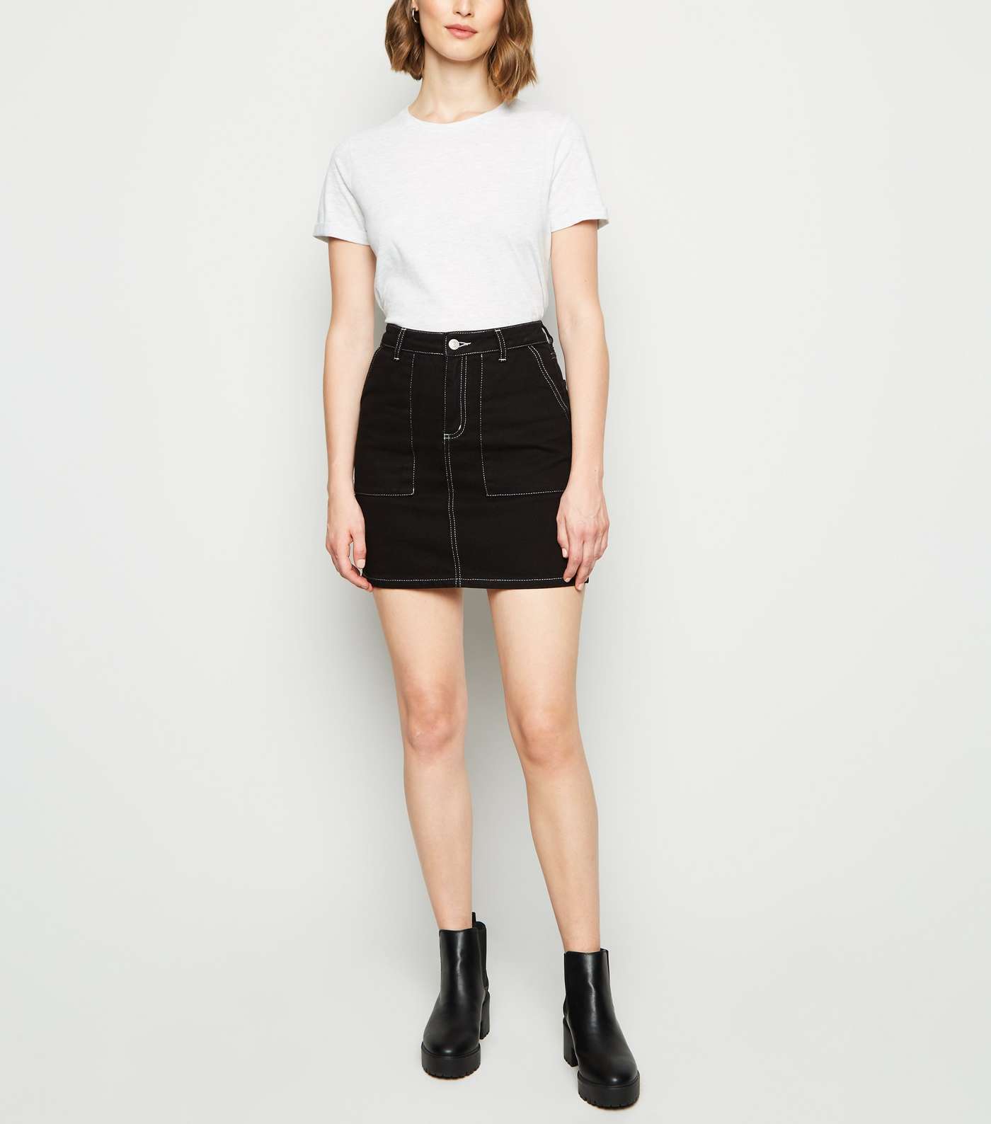 Black Contrast Stitch Denim Mini Skirt