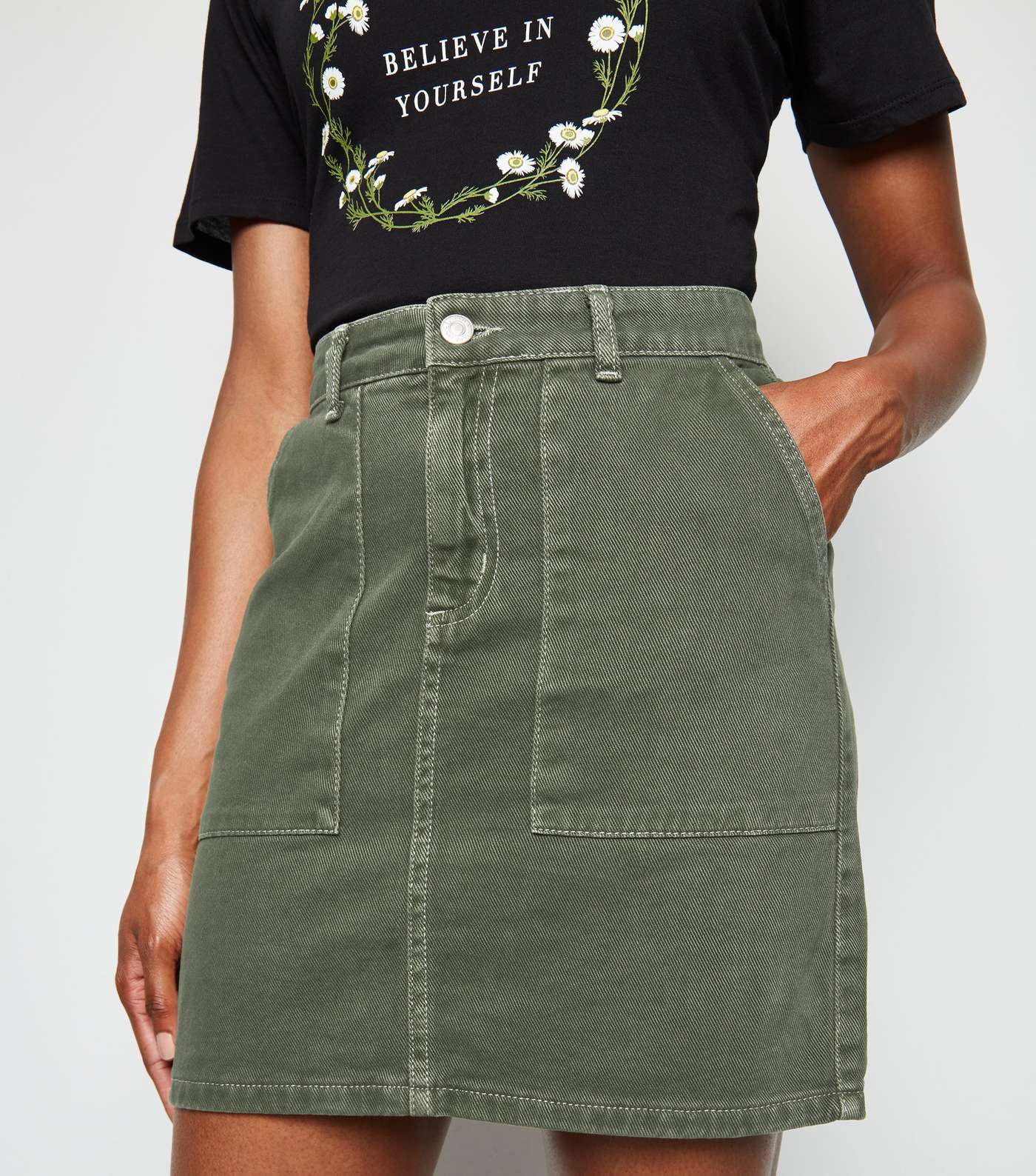 Khaki Contrast Stitch Denim Mini Skirt Image 2