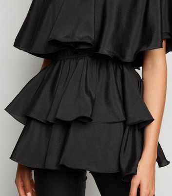 Cameo Rose Black Satin Layered Ruffle 