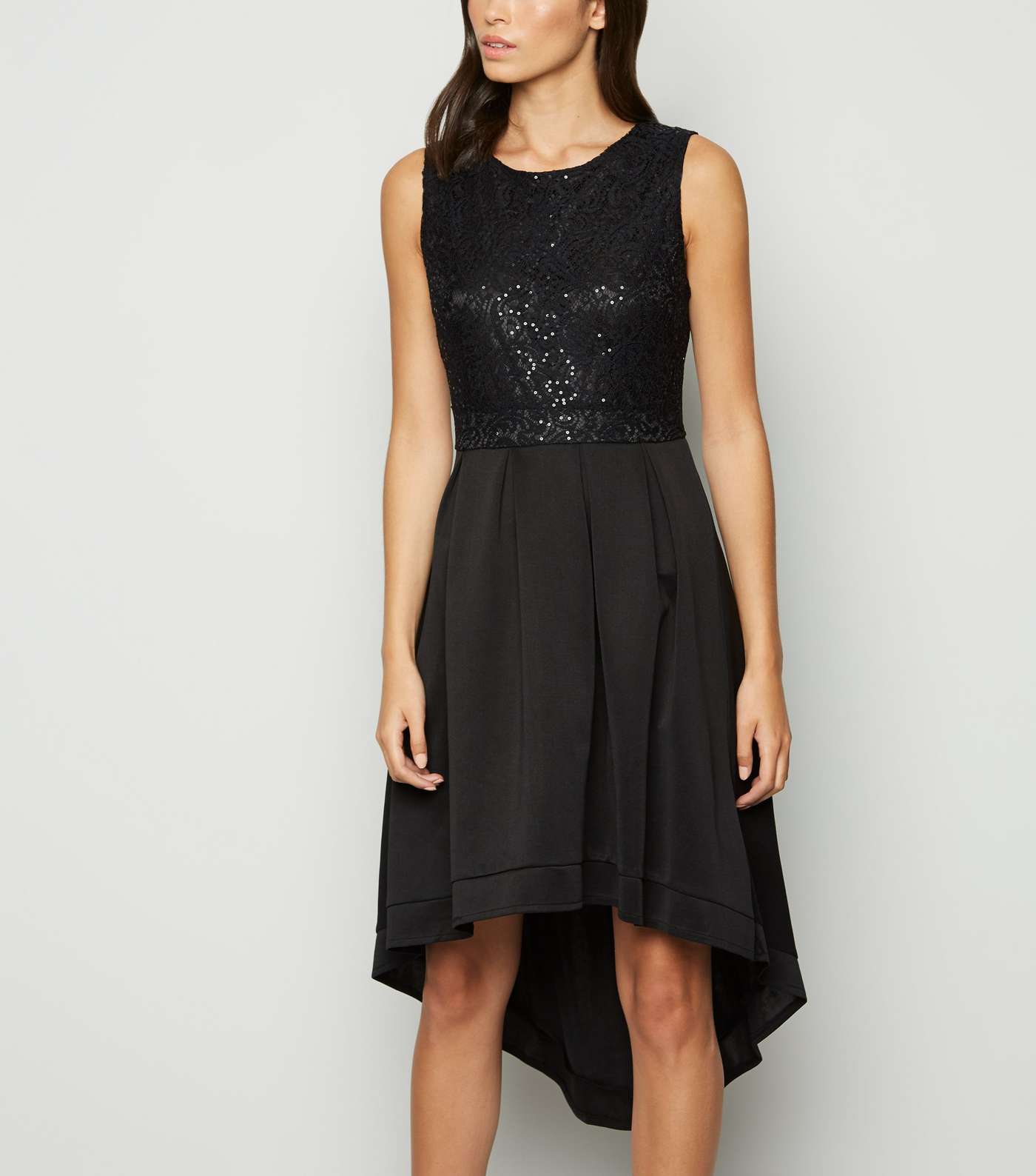 Mela Black Lace Sequin Dip Hem Dress Image 2