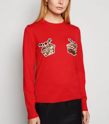 Pull de Noel rouge a motif tartes de Noel et a paillettes New Look