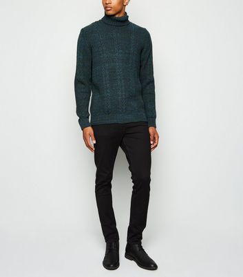 Image of Dark Green Cable Knit Roll Neck Jumper New Look