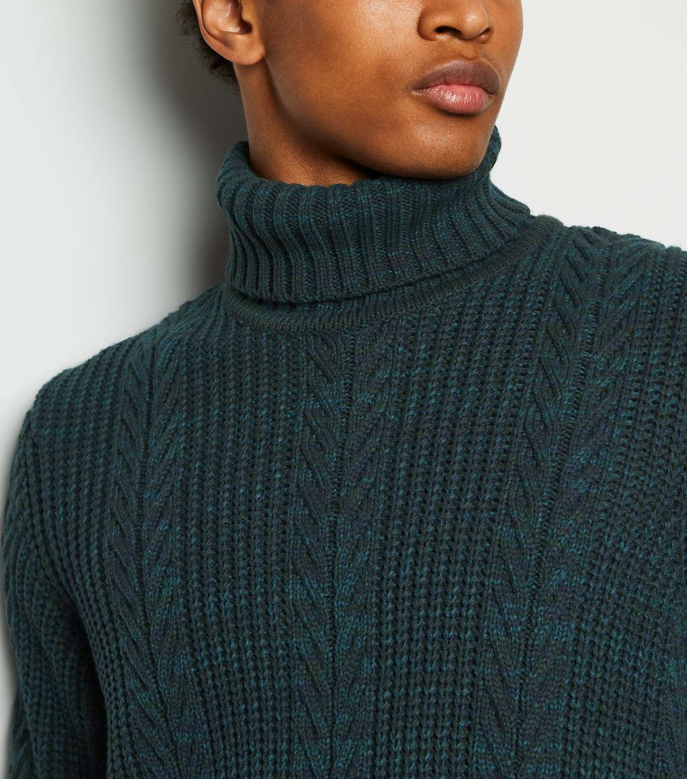 Dark Green Cable Knit Roll Neck Jumper Image 3