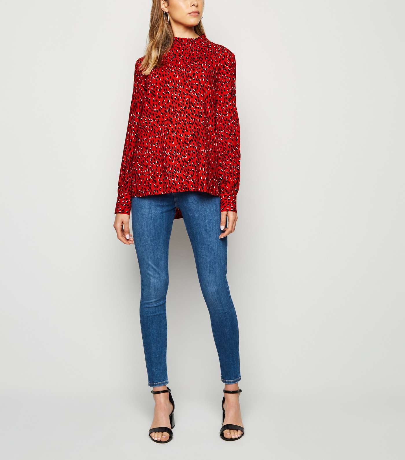 Red Spot Frill Neck Puff Sleeve Blouse Image 2