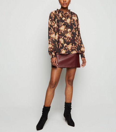 Black Floral Chiffon Frill Tie Neck Blouse