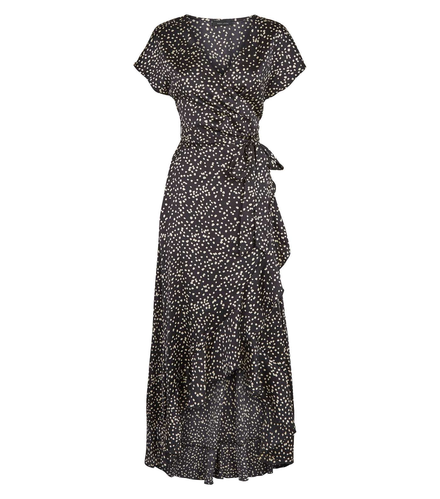 Black Satin Spot Ruffle Trim Midi Dress Image 4