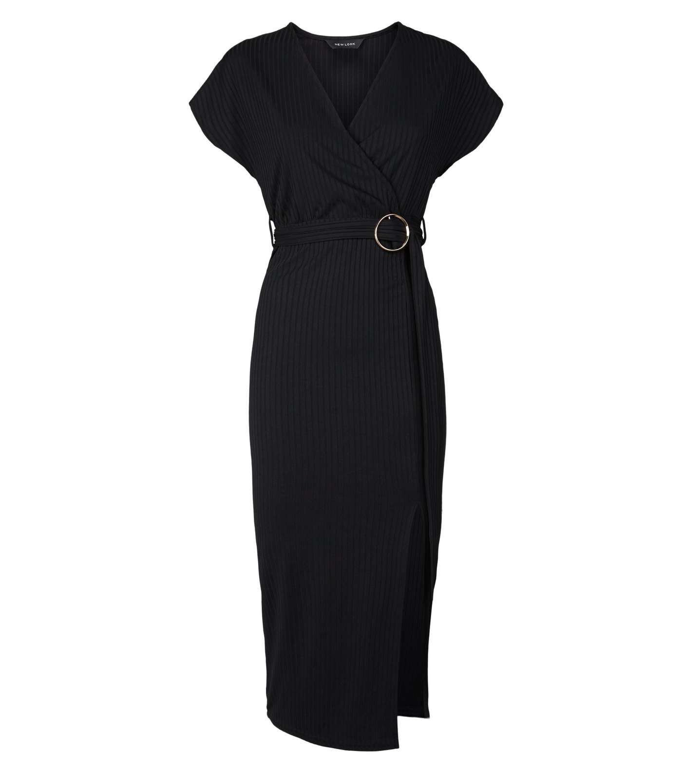 Black Ribbed Belted Wrap Midi Dress Image 4