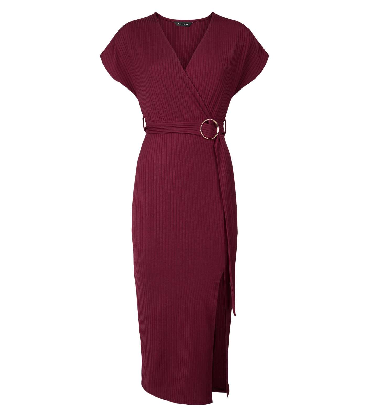 Burgundy Ribbed Belted Wrap Midi Dress Image 4