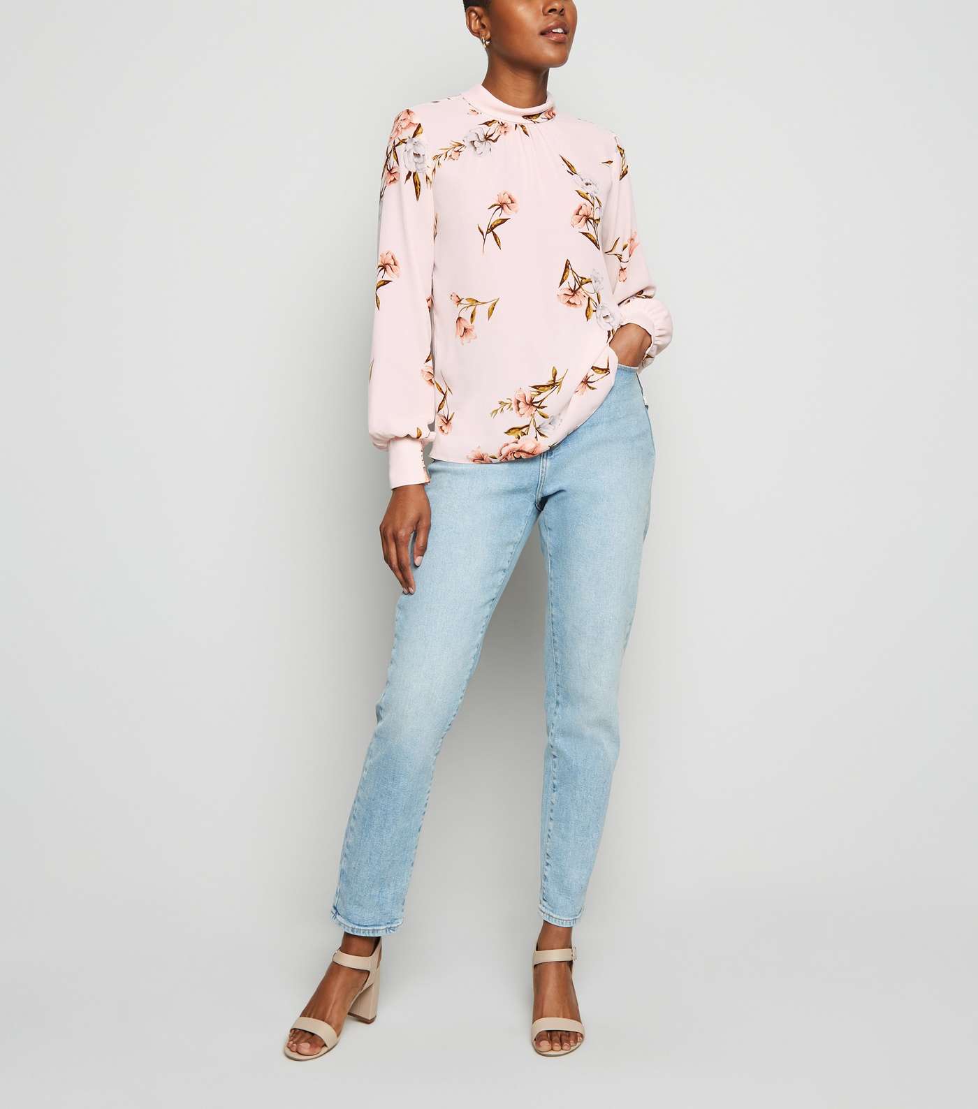 Pink Floral Chiffon Roll Neck Blouse Image 2