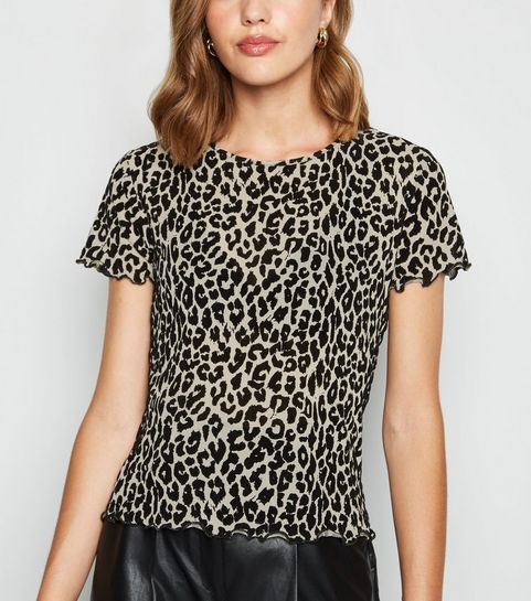 Braunes T-Shirt aus Netzstoff mit geflocktem Leopardenmuster