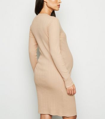 Maternity Camel Ribbed Bodycon Dress New Look