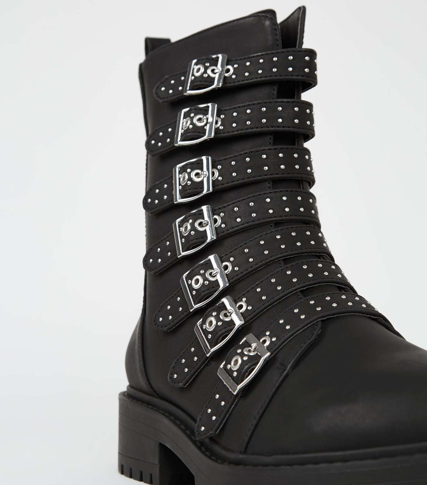 Black Leather-Look Stud Strap Biker Boots Image 4